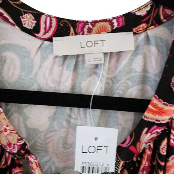 Loft Midi Dress Women Sz L Multicolor Paisley Tiered Tie Neck Long Sleeve Rayon - Picture 4 of 11